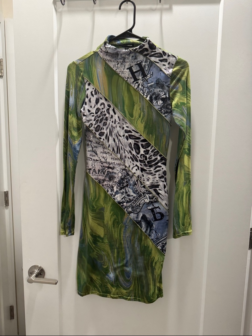 Fashion Nova Green Multi-Print Long Sleeve Bodycon Dress